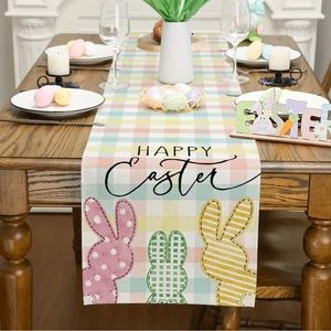 Happy Easter Patterned Bunnies Checkered Table Runner